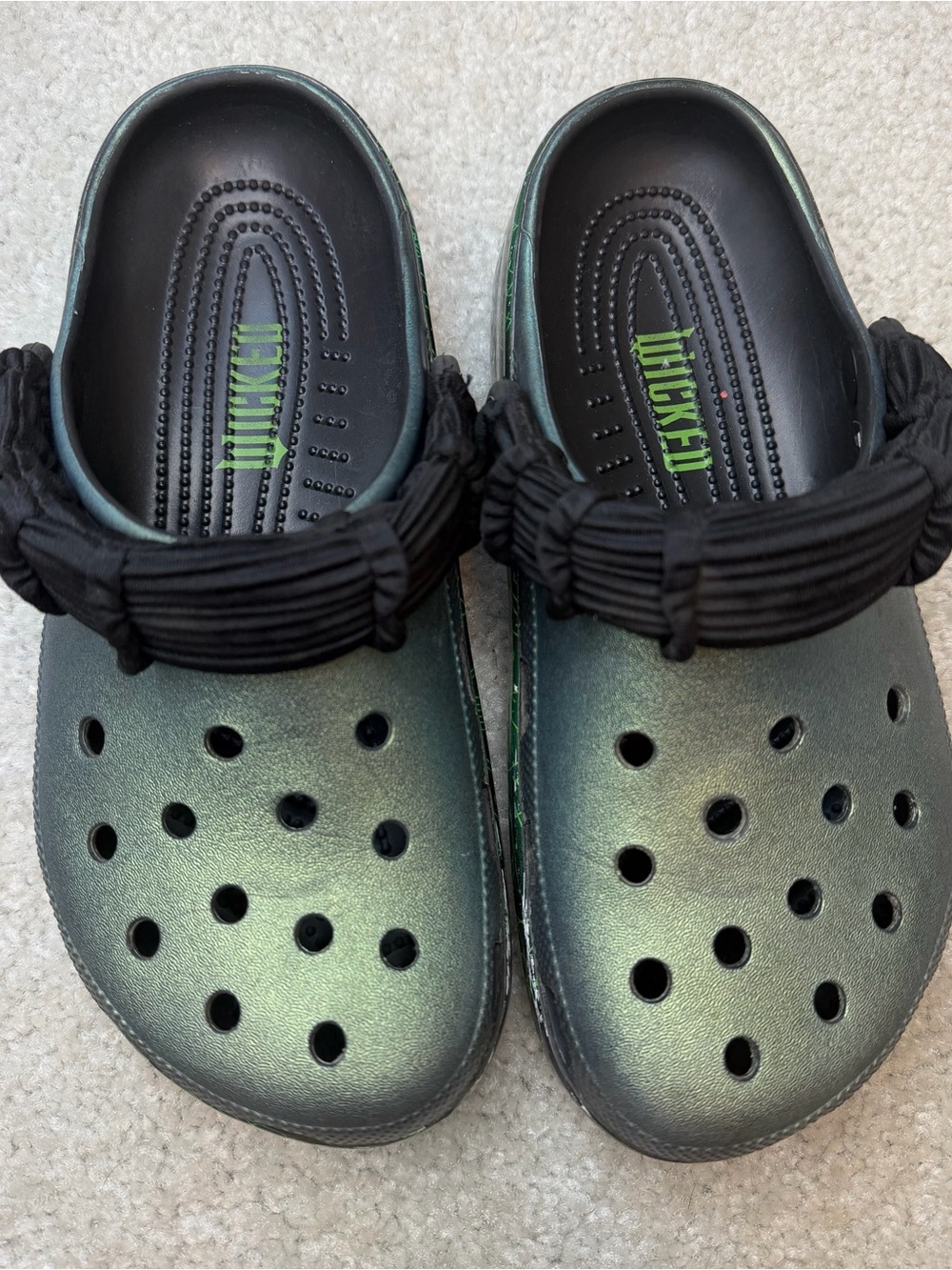 Wicked Colab Crocs, Metallic Green Clog Shoes with Black Strap
